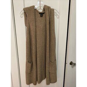 Tahari Cardigan Vest Women Size M Dark Beige Hooded Longline Pockets Sleeveless